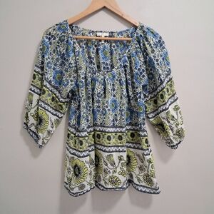 Joie Floral Sunflower Blue And Yellow Sheer Peasant Boho Blouse Size Small